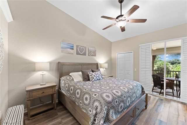 bedroom featuring access to exterior, vaulted ceiling, ceiling fan, wood-type flooring, and a closet