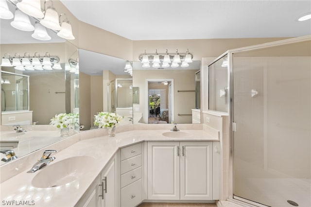 bathroom with a shower stall, double vanity, ensuite bathroom, and a sink