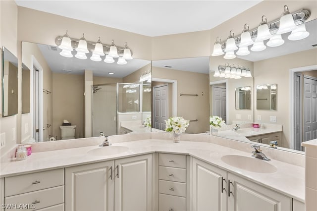 bathroom with double vanity, a stall shower, and a sink