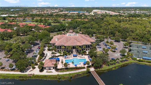 drone / aerial view with a water view