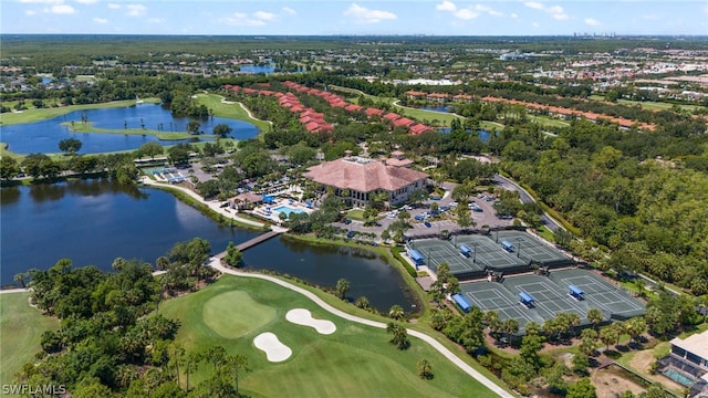 aerial view featuring a water view and golf course view