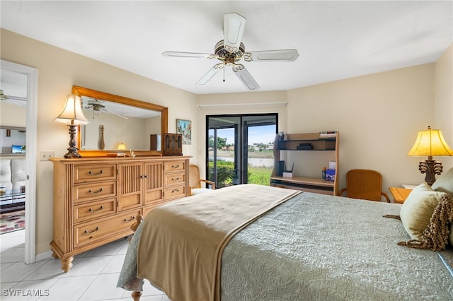 tiled bedroom featuring access to outside and ceiling fan