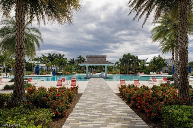 view of swimming pool featuring a gazebo