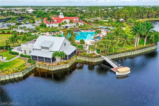 bird's eye view with a water view