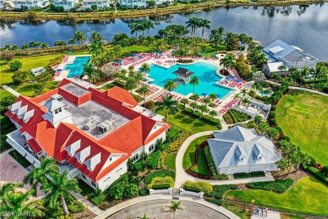 drone / aerial view featuring a water view