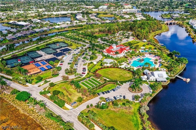 aerial view featuring a water view