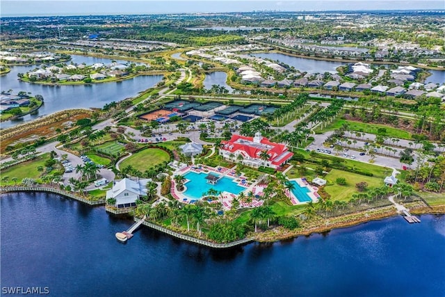 bird's eye view with a water view