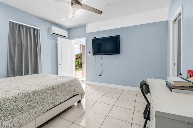 bedroom featuring ceiling fan, light tile patterned floors, and a wall mounted air conditioner