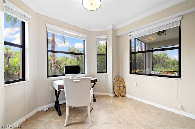 tiled home office with ornamental molding