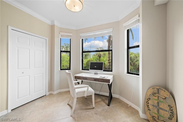 office space featuring light tile patterned floors and ornamental molding