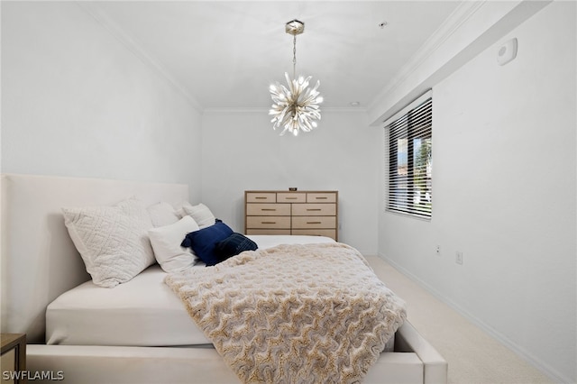 bedroom with carpet floors, a chandelier, and ornamental molding