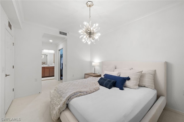 carpeted bedroom with a notable chandelier, ensuite bathroom, and crown molding