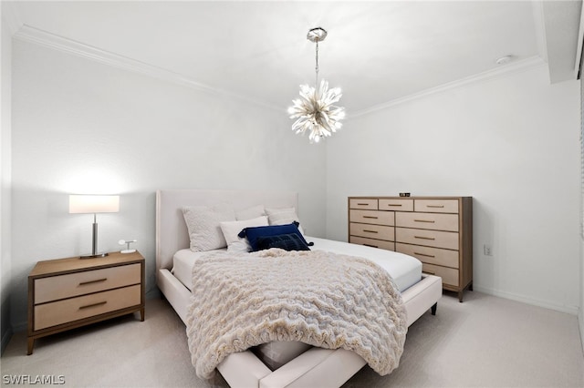 carpeted bedroom with a notable chandelier and ornamental molding