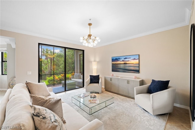 tiled living room featuring crown molding, a chandelier, and a wealth of natural light