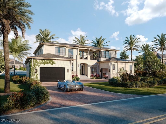 view of front of house featuring a front yard, a balcony, and a garage