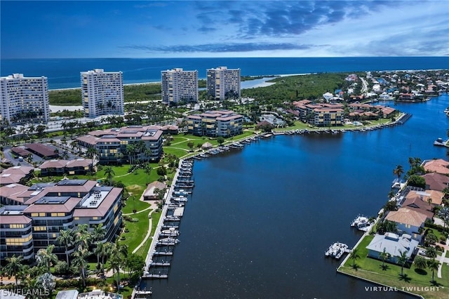 drone / aerial view featuring a water view