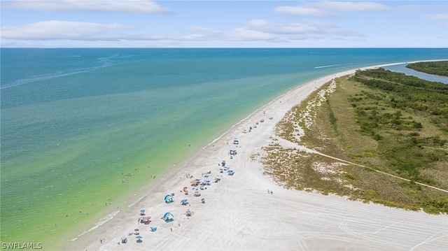 bird's eye view with a water view and a view of the beach