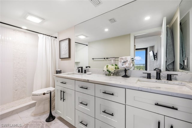 bathroom with dual vanity, tile flooring, toilet, and a shower with curtain