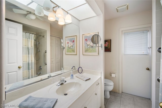 bathroom featuring toilet, vanity, tile patterned flooring, and a skylight