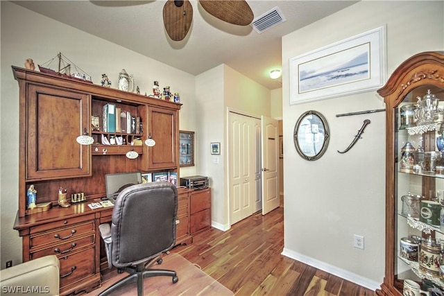 office featuring hardwood / wood-style floors and ceiling fan