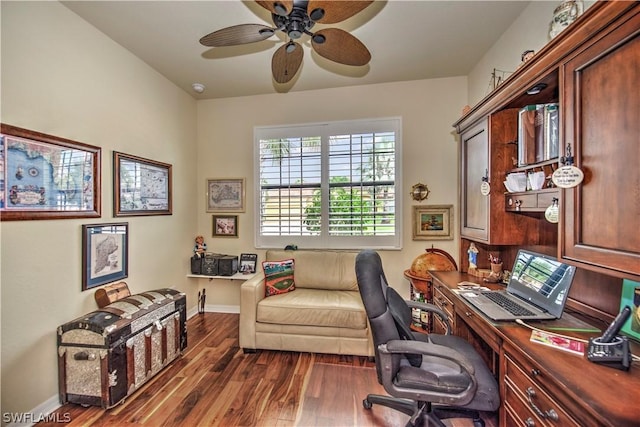 home office featuring dark hardwood / wood-style floors and ceiling fan