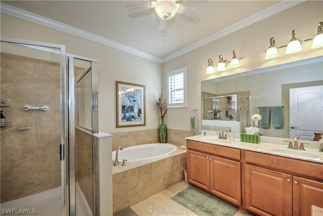 bathroom featuring tile patterned floors, vanity, ceiling fan, crown molding, and independent shower and bath