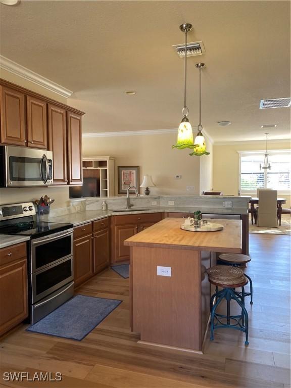 kitchen featuring wooden counters, sink, a breakfast bar area, kitchen peninsula, and stainless steel appliances