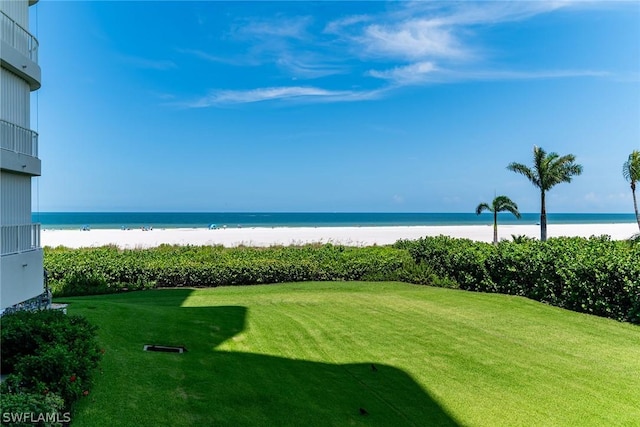 view of yard with a water view and a beach view