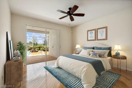 bedroom with ceiling fan, access to exterior, and hardwood / wood-style flooring