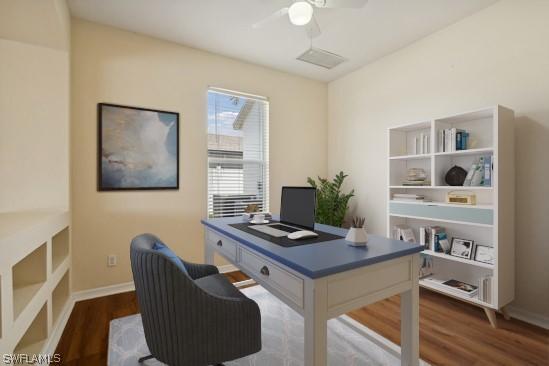 office area featuring ceiling fan and hardwood / wood-style floors