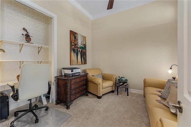 office space featuring light colored carpet and ornamental molding