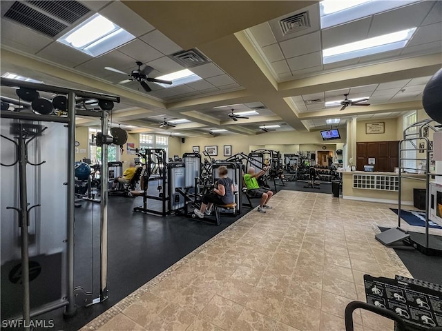 workout area with ceiling fan