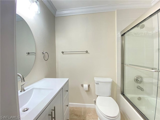 full bathroom featuring combined bath / shower with glass door, tile patterned flooring, ornamental molding, vanity, and toilet