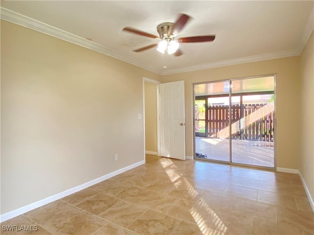 unfurnished room featuring ceiling fan and ornamental molding