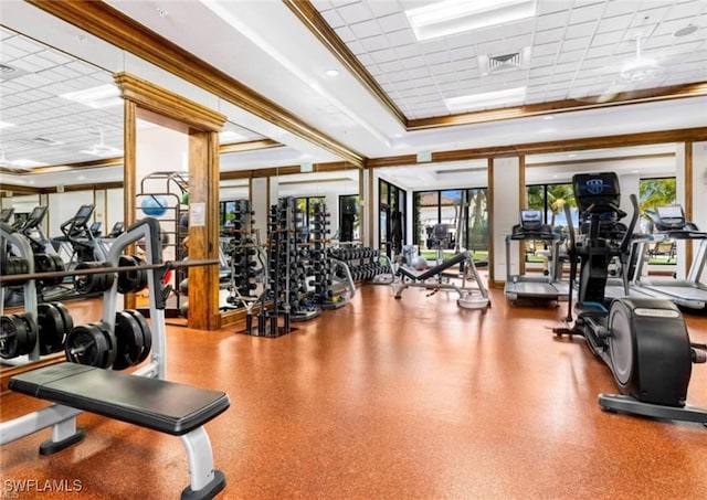 gym featuring a tray ceiling, a drop ceiling, and ornamental molding