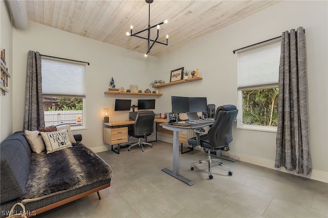 office space featuring a notable chandelier and wood ceiling