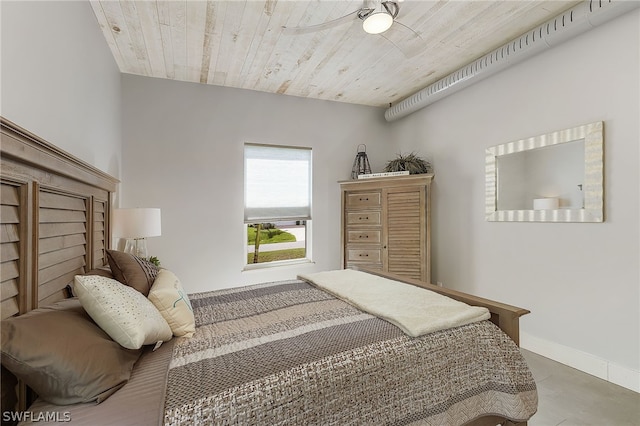 bedroom with ceiling fan and wooden ceiling