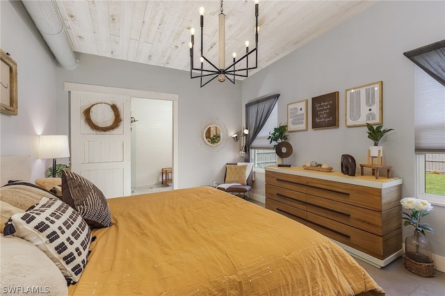 bedroom featuring wooden ceiling and a notable chandelier