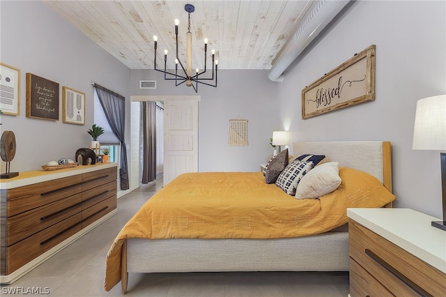 bedroom with wood ceiling and an inviting chandelier