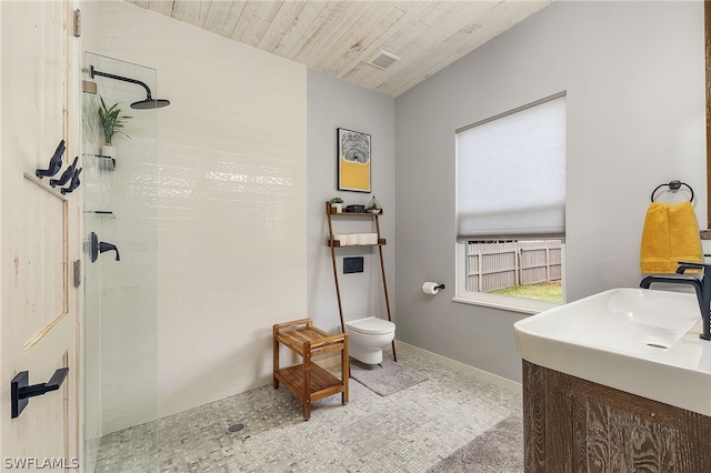 bathroom featuring vanity, toilet, wood ceiling, and walk in shower