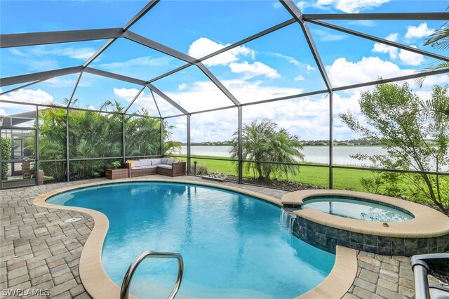 view of swimming pool with a patio area, an in ground hot tub, a water view, and glass enclosure