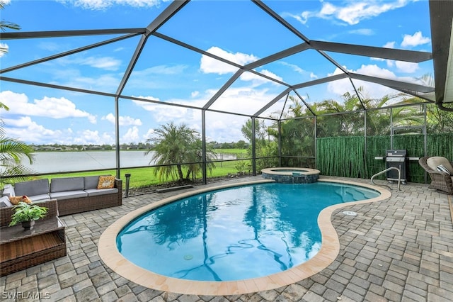 view of swimming pool with a water view, glass enclosure, a patio area, and a grill