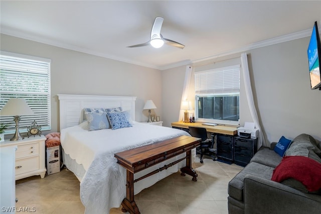 bedroom featuring ornamental molding, light tile patterned floors, and ceiling fan