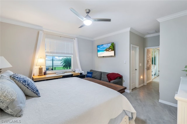 bedroom featuring crown molding and ceiling fan