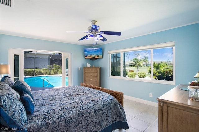 tiled bedroom featuring access to outside and ceiling fan