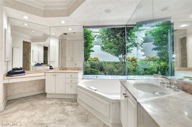 bathroom featuring vanity, ornamental molding, and a washtub