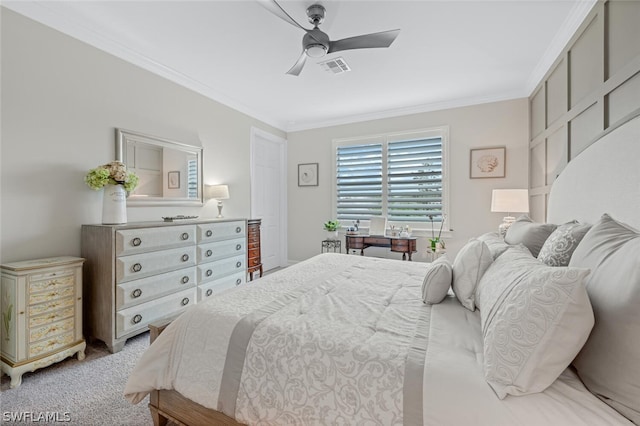 bedroom featuring light carpet, ceiling fan, and ornamental molding