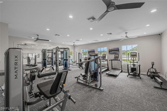 workout area featuring ceiling fan and carpet