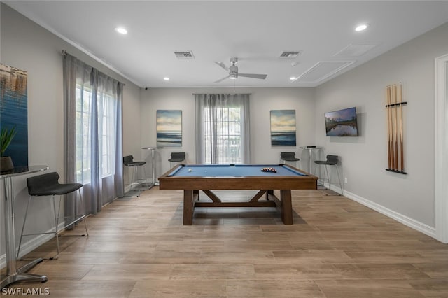 game room featuring ceiling fan, pool table, and light hardwood / wood-style flooring