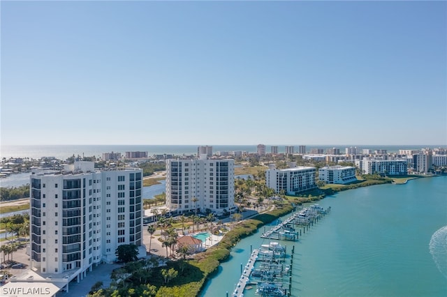 drone / aerial view featuring a water view